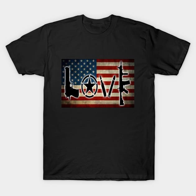 USA American Flag with LOVE weapons T-Shirt by FoxiANO